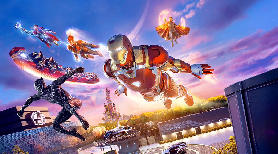 The Avengers super heroes flying above Disneyland